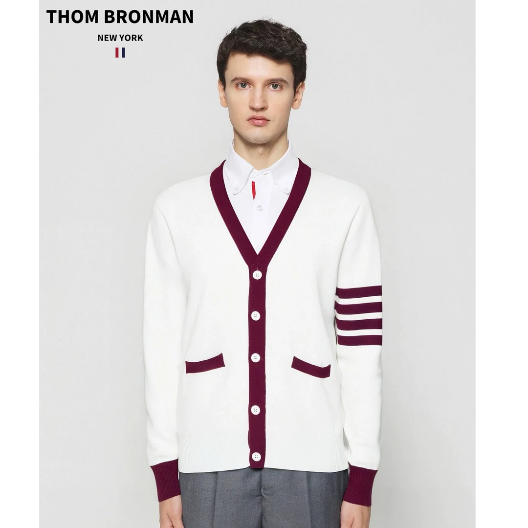 TB【官方正品】汤姆布郎THOMBRONMAN红白杠针织开衫四杠V领新款外套