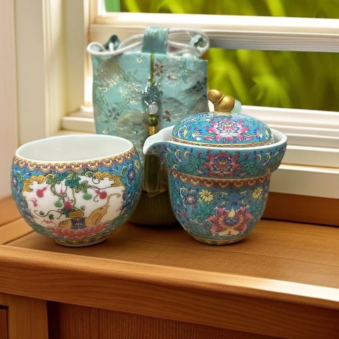 【沉鱼】福禄百财珐琅彩蓝色一壶一杯旅行茶具套装户外家用-KK0021