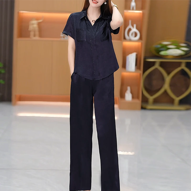 时尚减龄两件套装大码夏装新款显瘦洋气质宽松爆款高级直筒裤中年