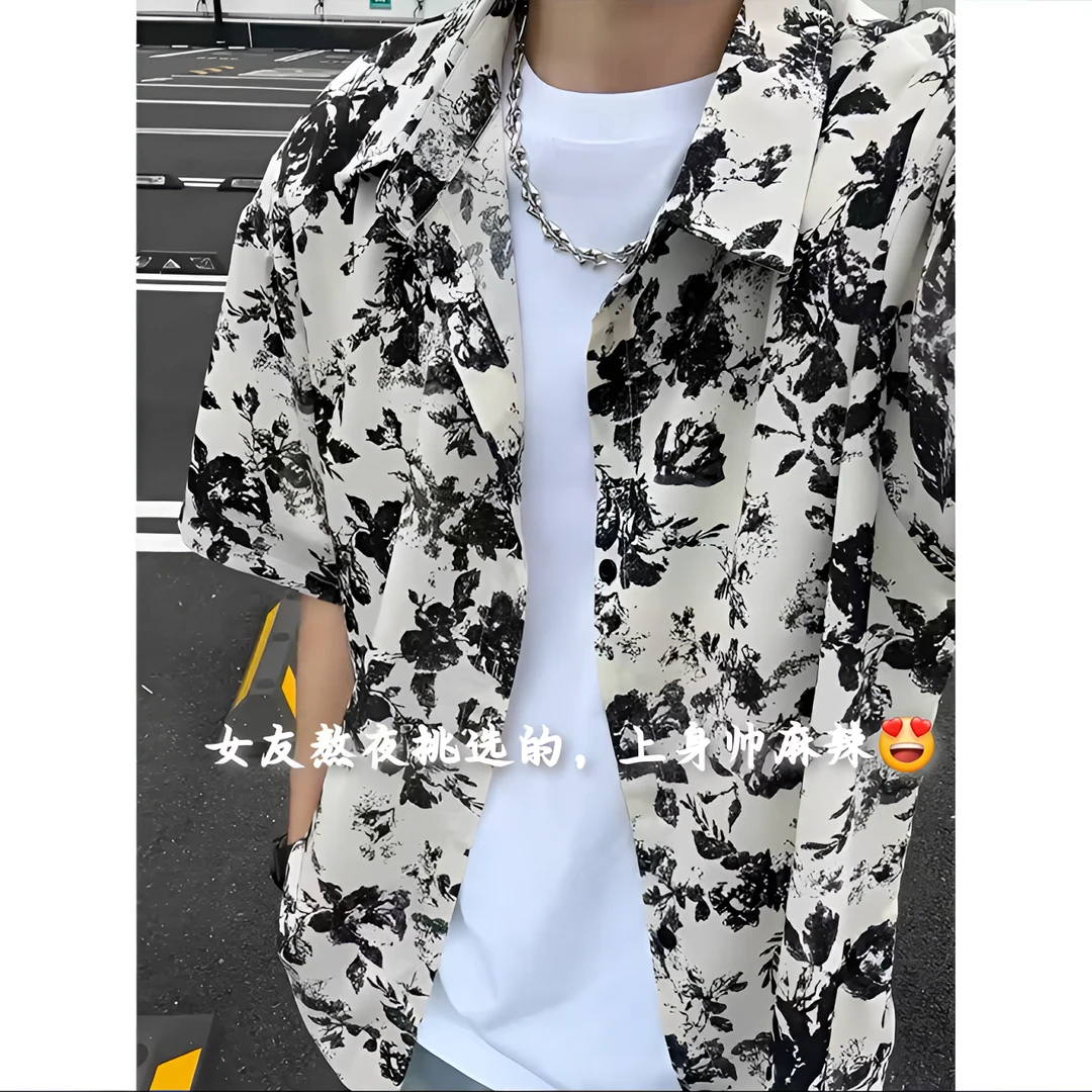 日系复古碎花冰丝衬衫男女夏季薄款高级感度假海边风潮牌短袖衬衣
