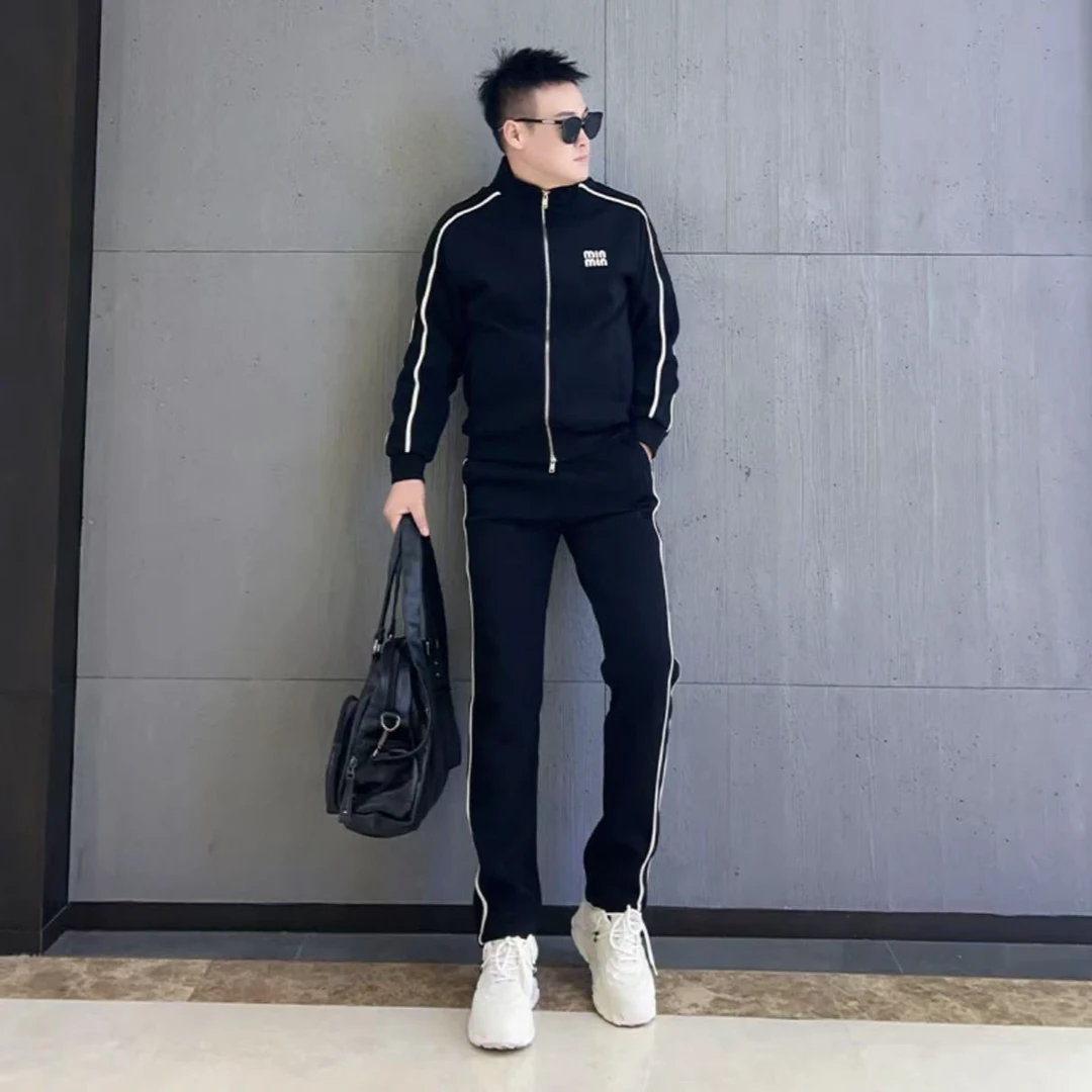 春秋新款拼接条纹立领夹克两件套舒适休闲撞色条纹束脚裤运动套装