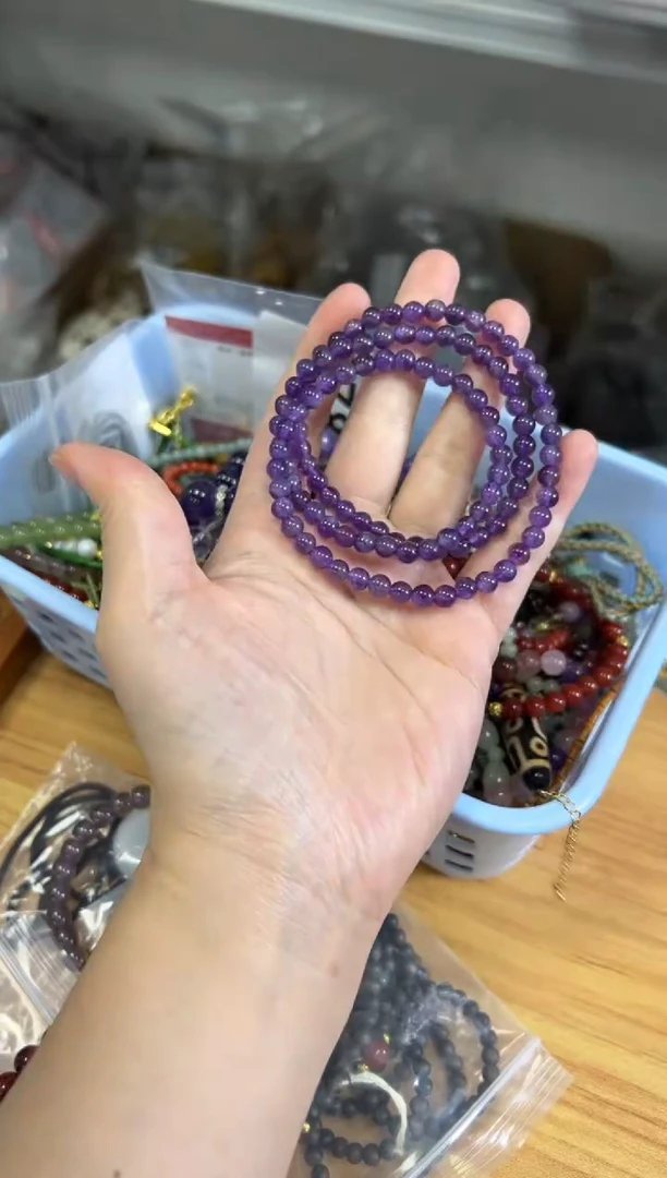 水晶手链未镶嵌深色紫水晶圆珠多圈手链[1949]