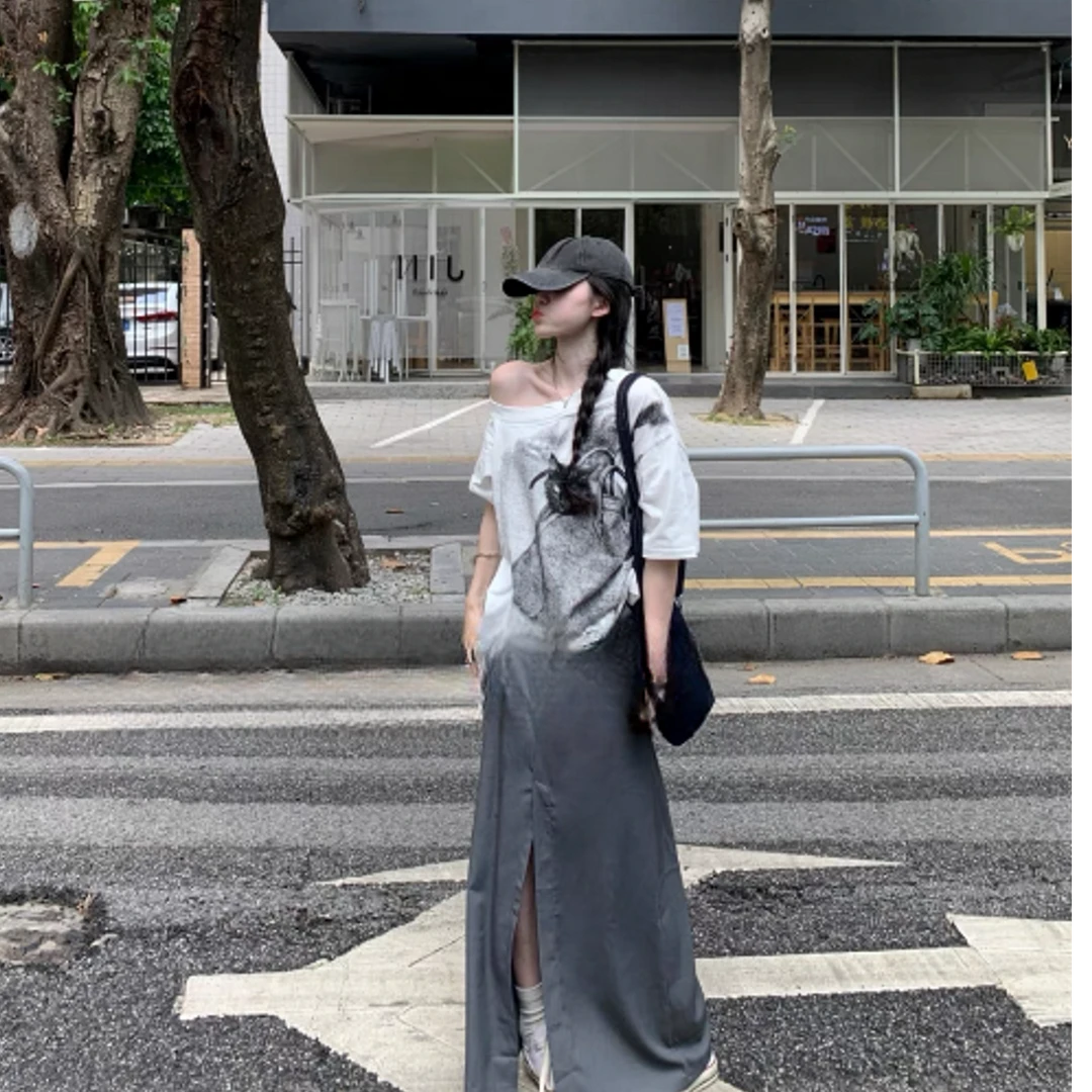 白色小猫印花斜肩短袖T恤女夏季小众百搭上衣设计感半身裙套装