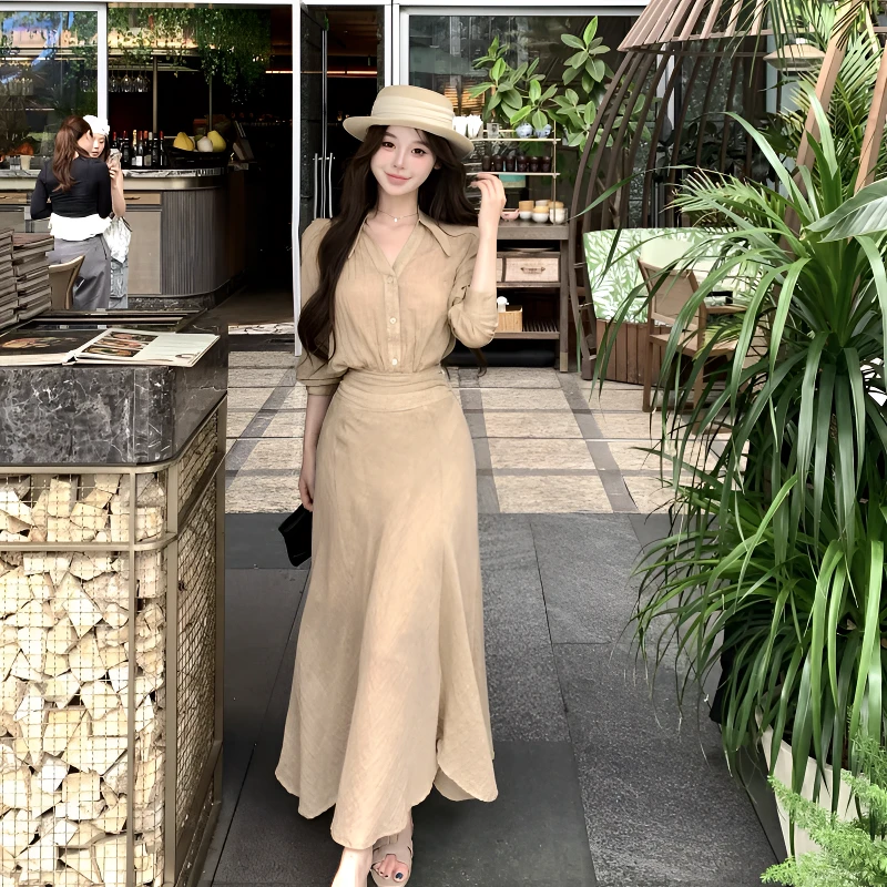 时尚套装女秋季新款宽松长袖衬衫A字短裙高腰休闲长裙两件套6869