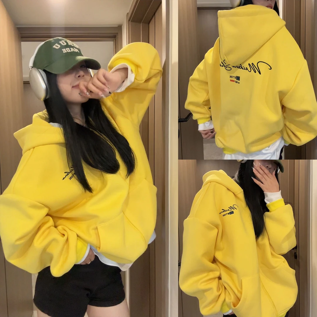 HandSeven美式重磅字母刺绣卫衣秋冬保暖中性风百搭带帽卫衣外套