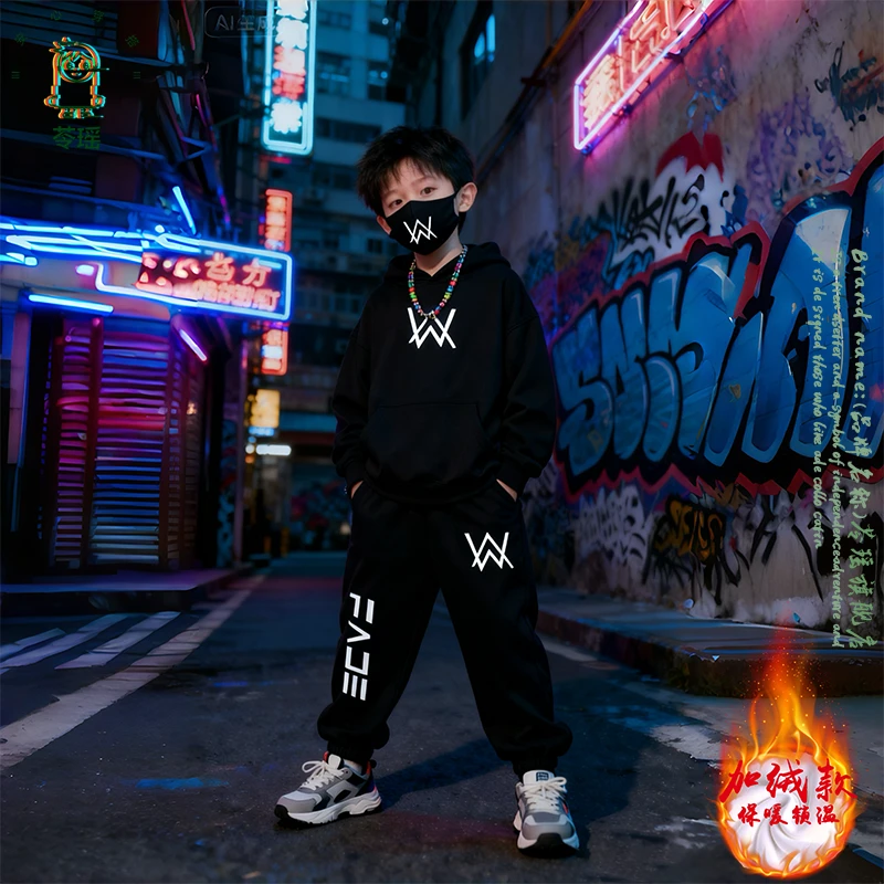 潮牌加绒加厚保暖学中大童卫衣套装男童嘉豪同款冬季儿童连帽衣服