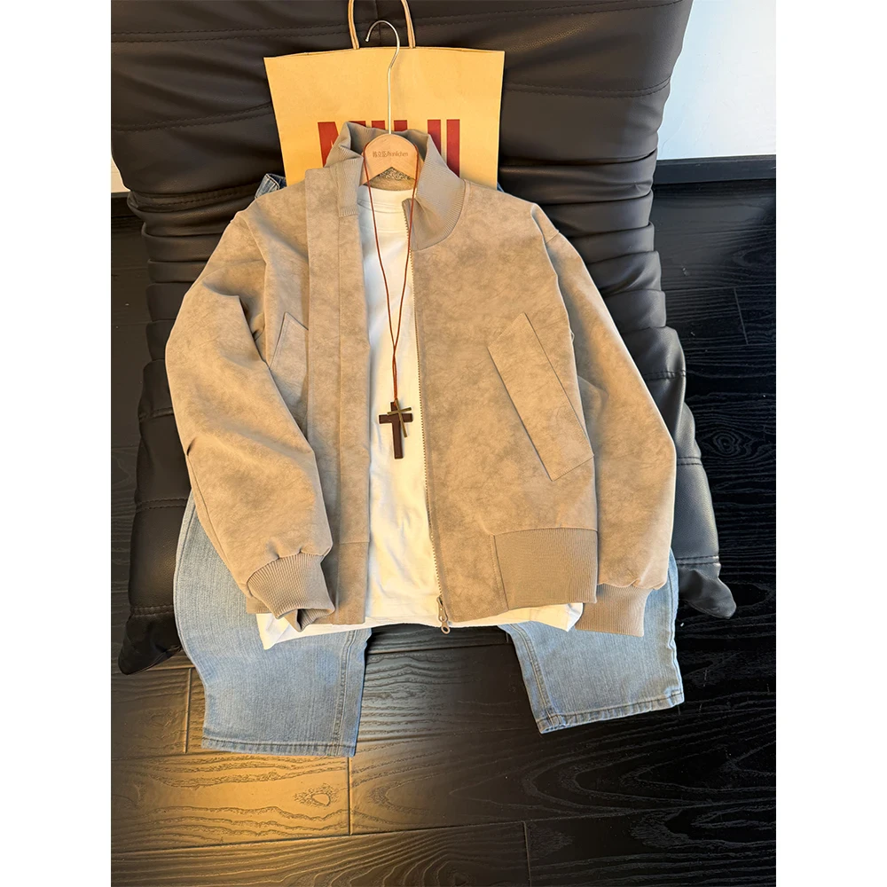 水洗扎染一体绒外套棉服男秋冬季加绒美式复古夹克立领机车皮衣潮