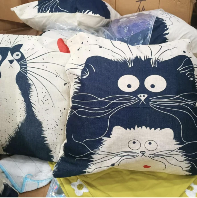 多款猫咪印花仿麻抱枕套发5对45*45