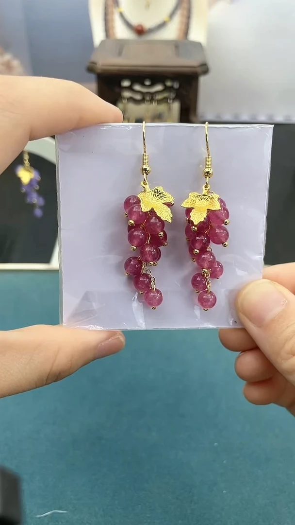 碧玺耳饰14K金镶嵌玫红葡萄