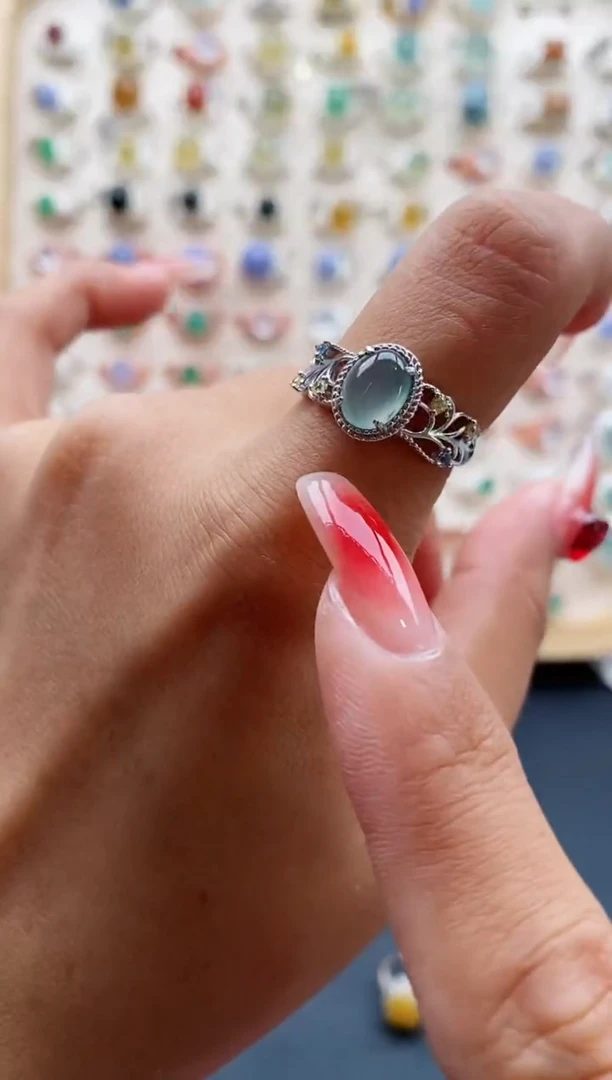 【闪购商品】翡翠戒指银S925镶嵌缅甸天然A货翡翠333 1+10