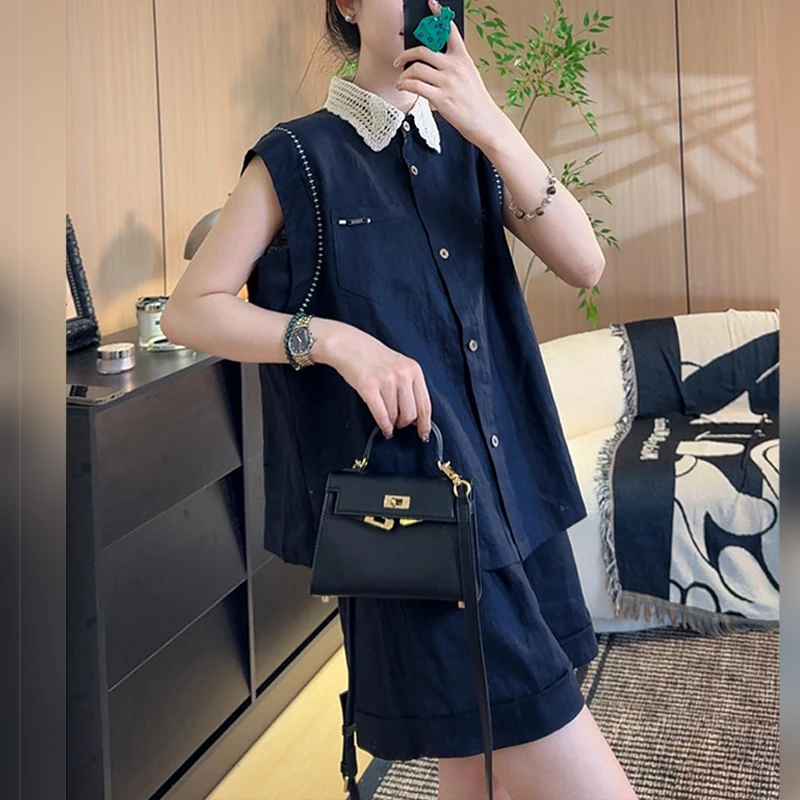 香朵儿简约气质套装女2025夏季款翻领宽松显瘦马甲短袖休闲两件套