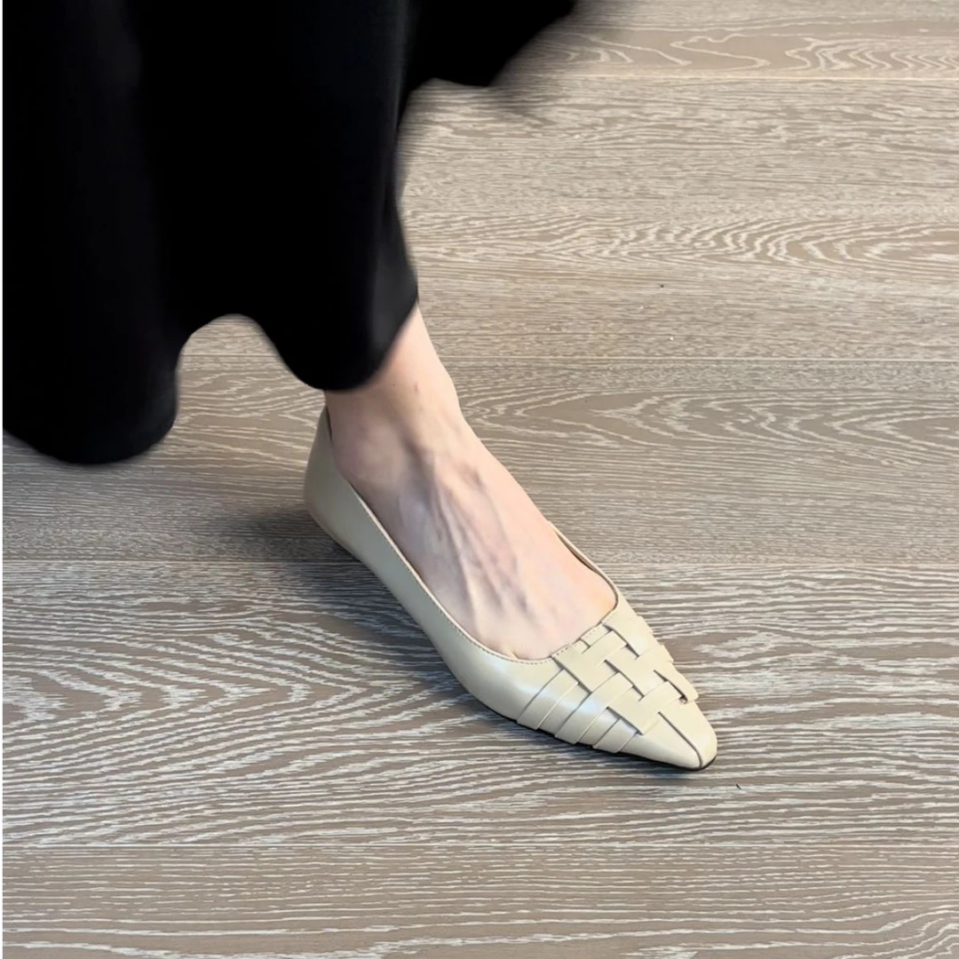 2.5CM牛皮真皮编织单鞋女低跟百搭女鞋法式气质简约浅口尖头瓢鞋
