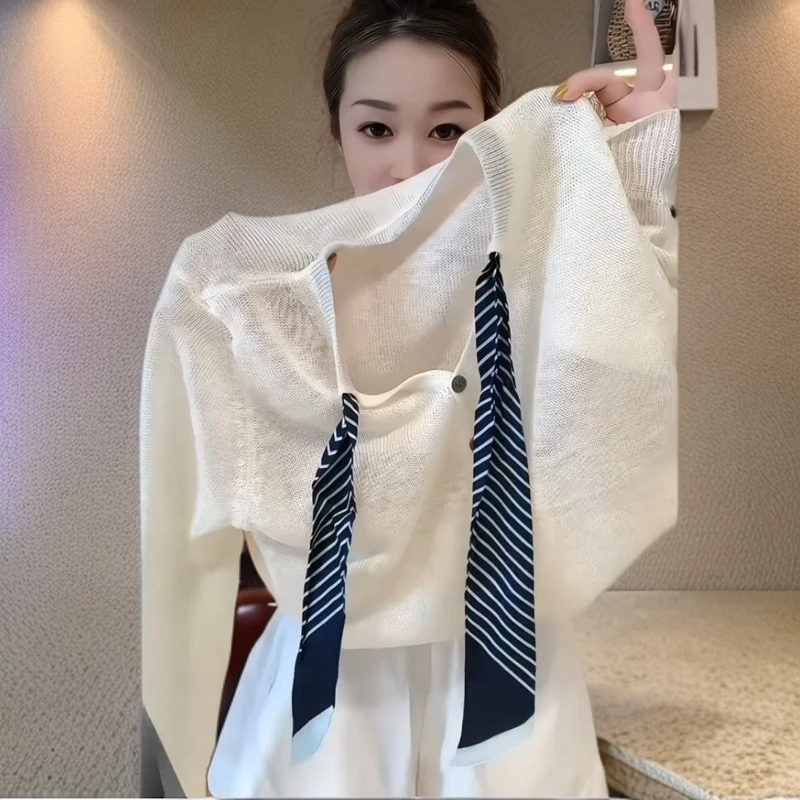 欧货慵懒别致丝巾V领长袖针织开衫2025春冬早秋气质百搭休闲上衣