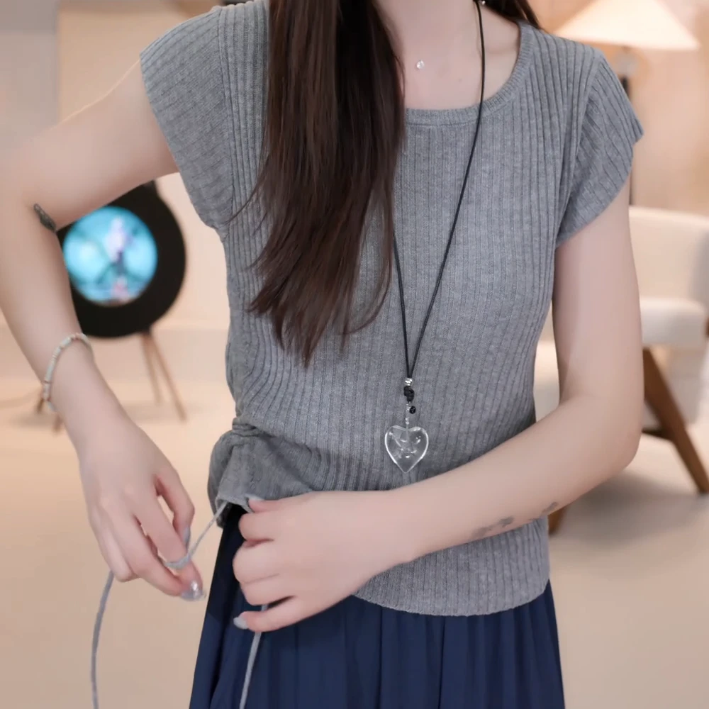 2025夏季新款洋气纯色简约慵懒设计感针织坑条抽褶皱t恤女短袖