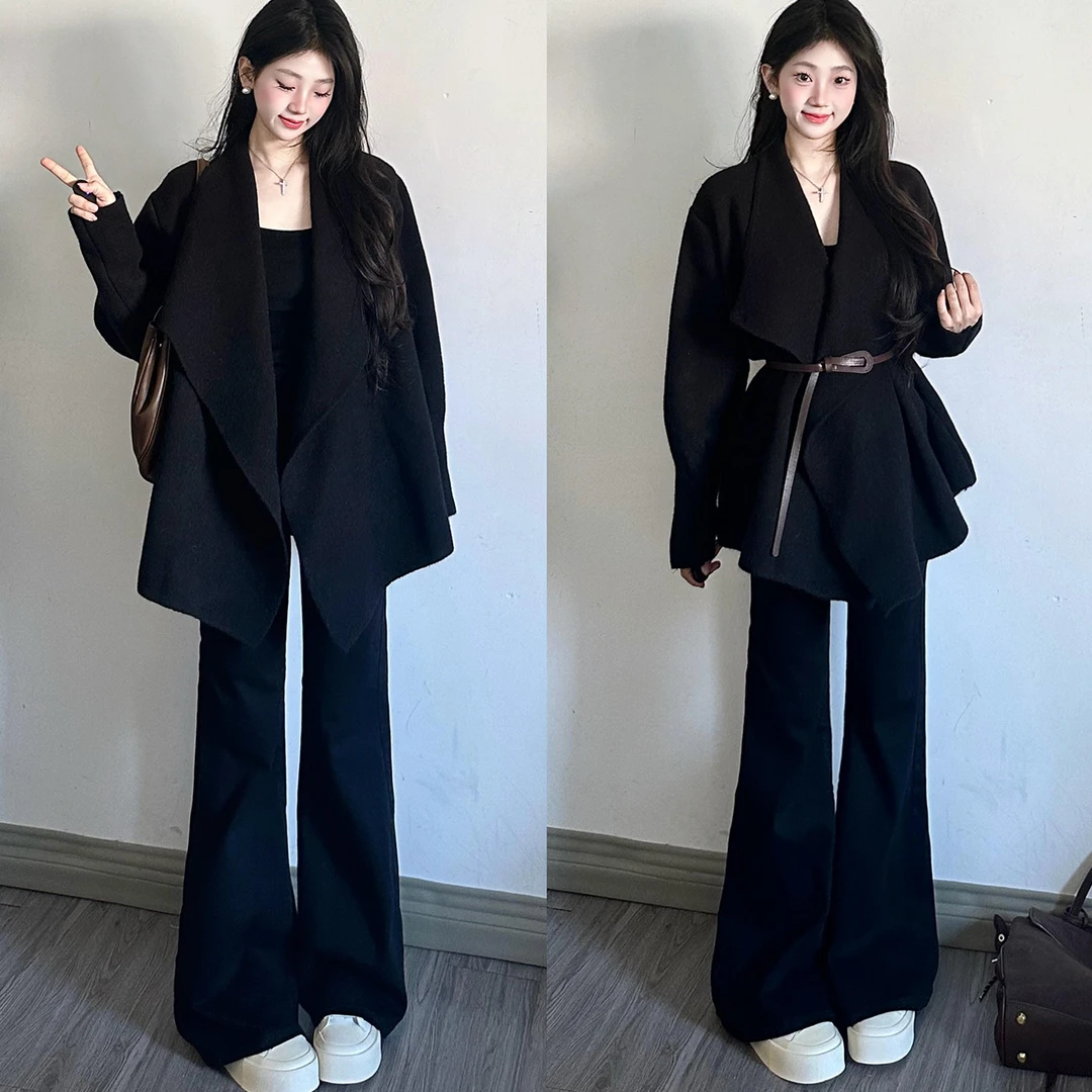 2025秋冬新款慵懒风韩系高级感黑色翻领针织开衫毛衣外套女套装