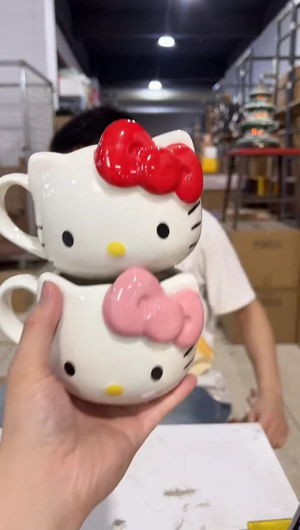 瓷片红色加粉色蝴蝶结kt头杯2件套微瑕A