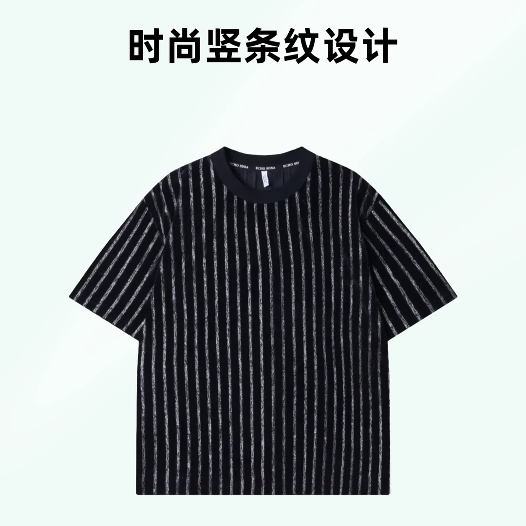 时尚韩版撞色竖条纹圆领T恤休闲百搭短袖高级感男装夏季新款上衣