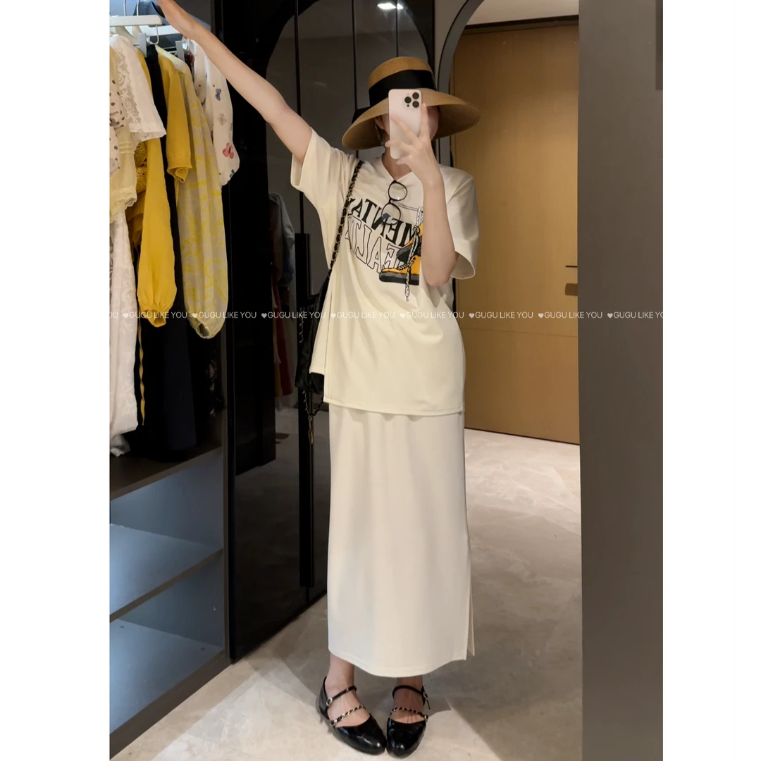 【古古】超好穿的高克重韩系日常穿搭冰爽棉印花套装T恤+半裙G25523