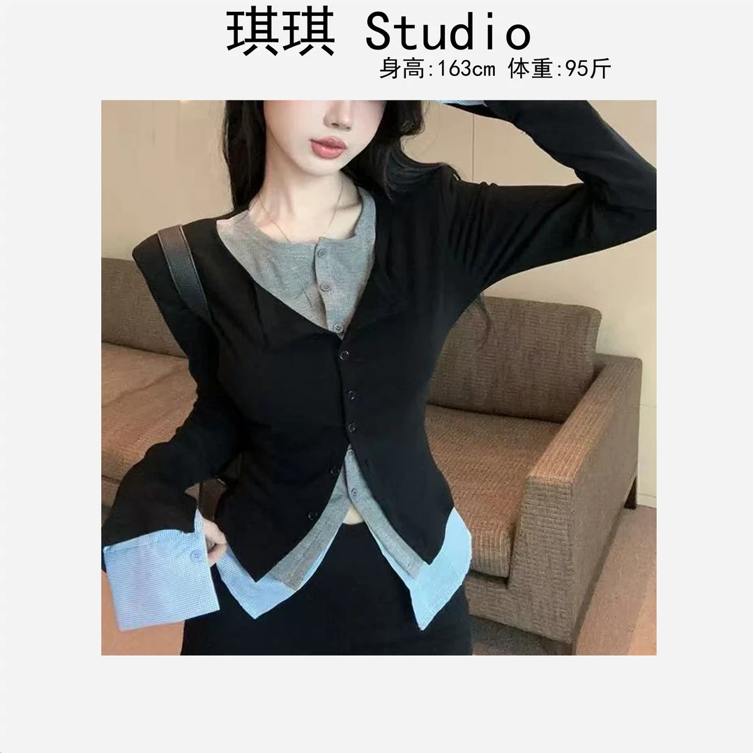 早春新款重工设计感叠搭假三件拼接袖甜美洋气显瘦减龄百搭上衣-Y