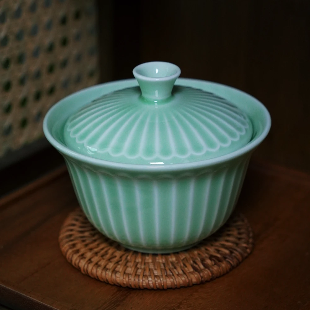 RIGEIAN/瑞涧窦青盖碗手工复古家用陶瓷中式带盖色釉