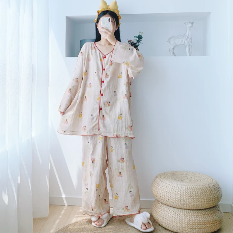 V领木耳边长袖长裤纯棉双层纱布开衫睡衣大码胖MM200斤宽松家居服