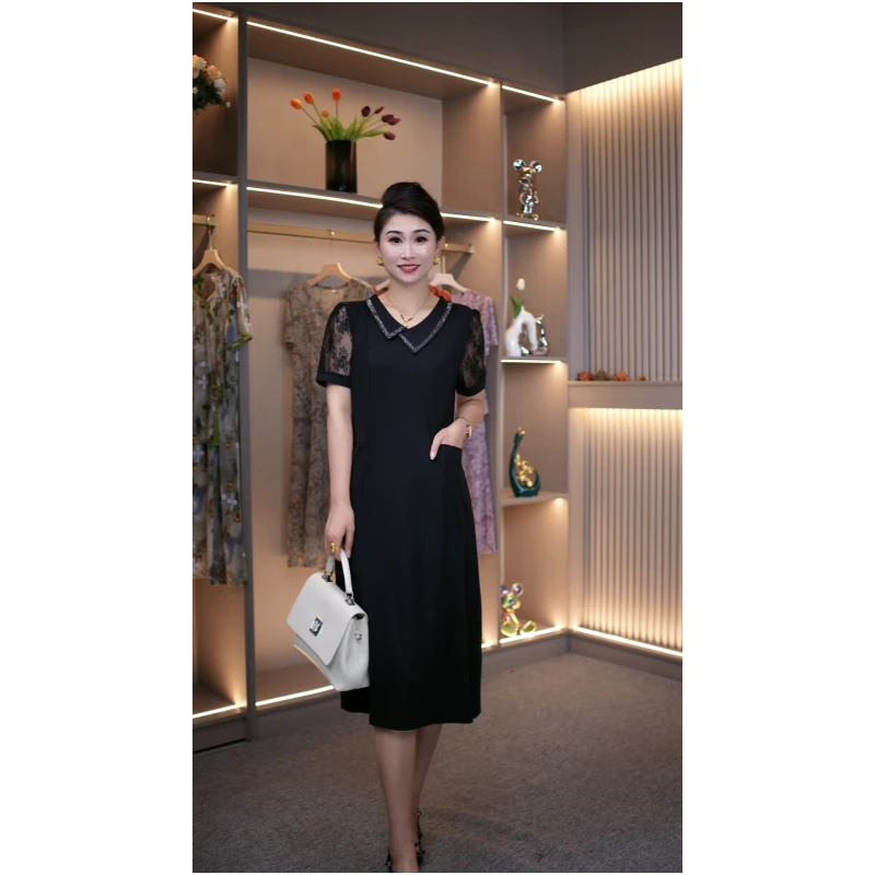 时尚妈妈夏季百搭蕾丝袖减龄显瘦气质连衣裙