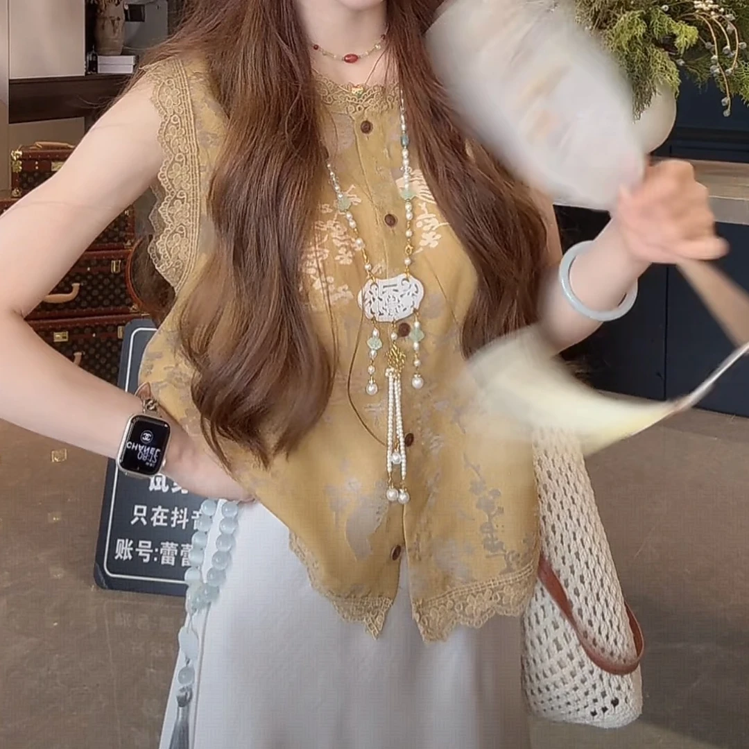 Lei  单排扣圆领马甲优雅风国风时尚小香风镂空  H0300