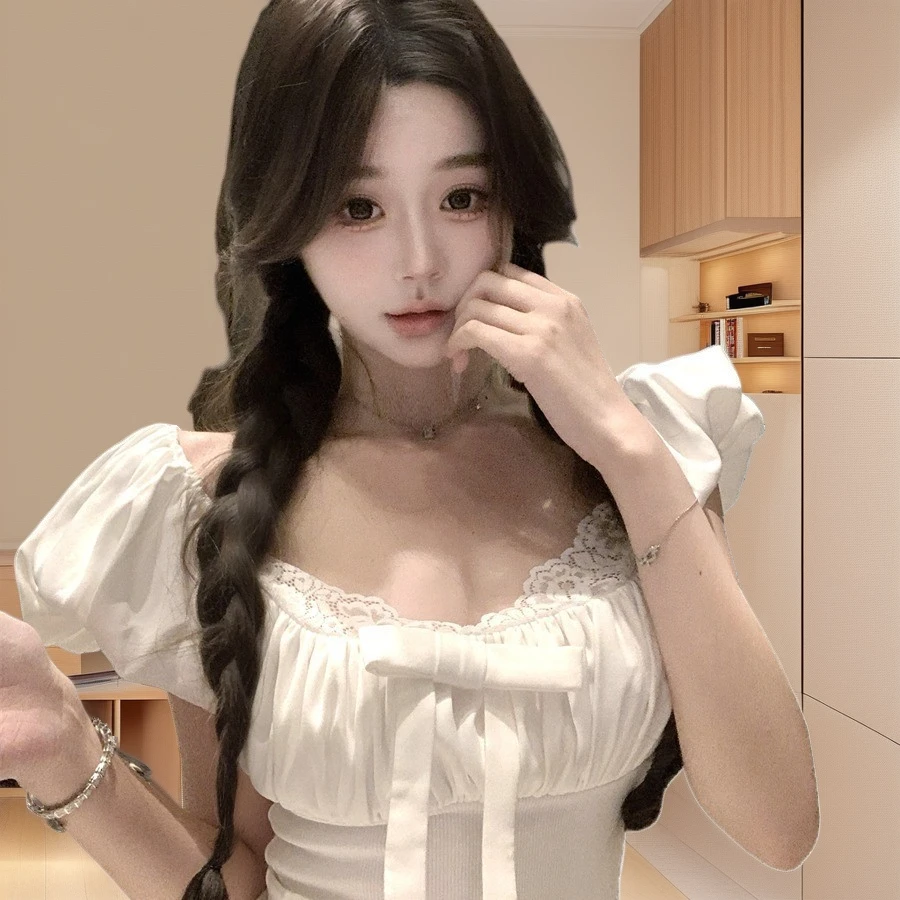 夏季新款少女纯欲短袖拼接蕾丝蝴蝶结收腰显瘦褶皱花苞连衣裙白色