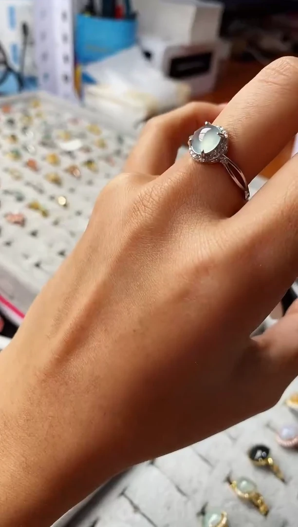 【闪购商品】翡翠戒指银S925镶嵌缅甸天然A货翡翠222  7+