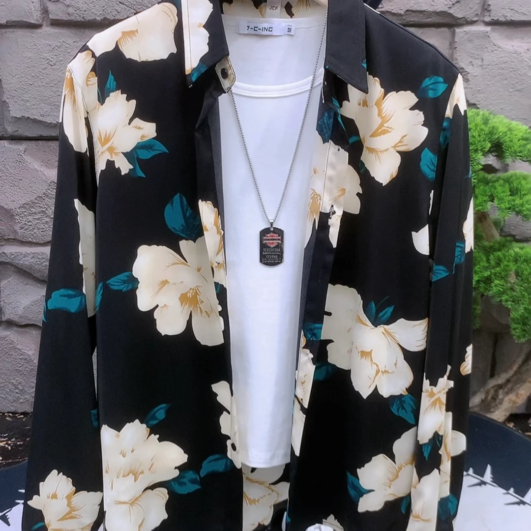 轻奢潮牌穿搭男士痞帅休闲百搭印花微阔时尚长袖衬衣