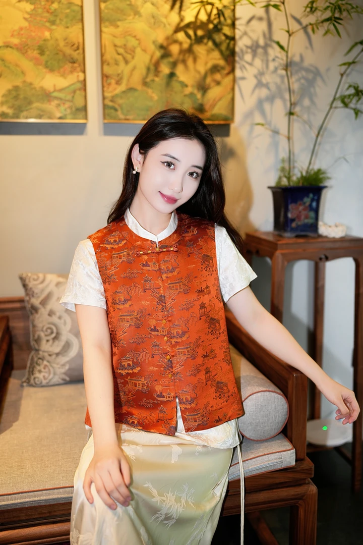 蓝大【宫廷】桑蚕丝开叉马甲6662