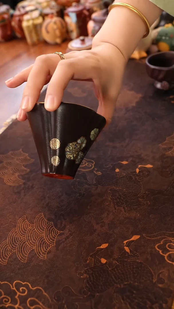 茶壶紫砂朱泥粉浆 黑金 花瓣杯