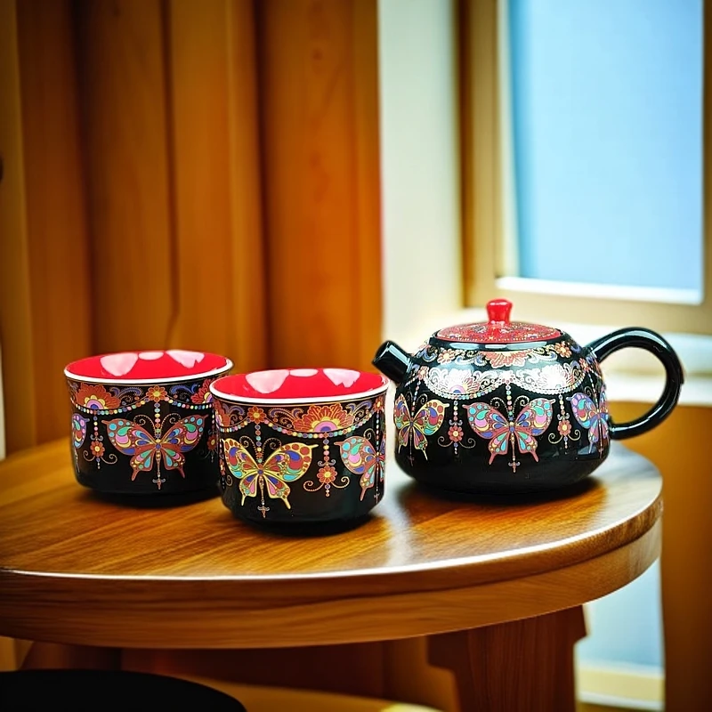 金银错蝴蝶彩绘一壶两杯 C54