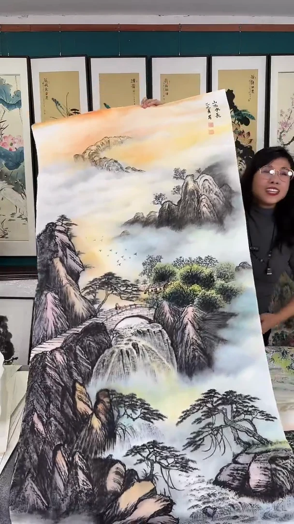 山水实木装裱80*160