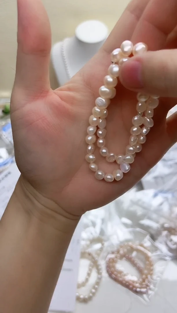淡水珍珠手链银S925镶嵌粉色巴洛克6-7mm