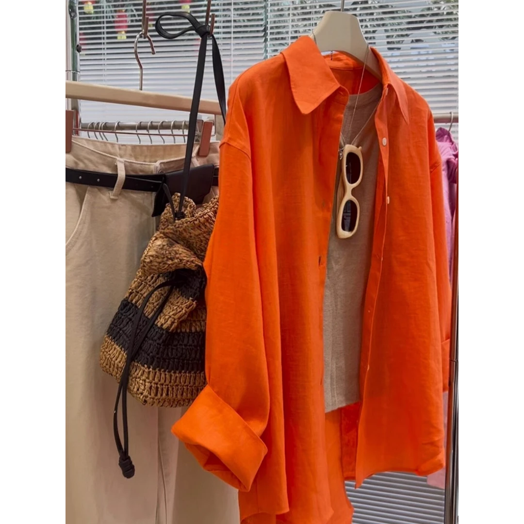 真心舒服！巨推荐！松驰感橘红色衬衣长袖衬衫女慵懒风宽松上衣