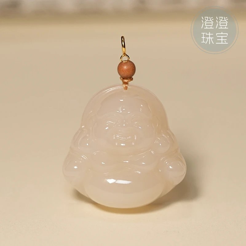 【澄澄珠宝】 和田玉藕粉+18k金弥勒佛气质精雕和田玉吊坠 赠绳