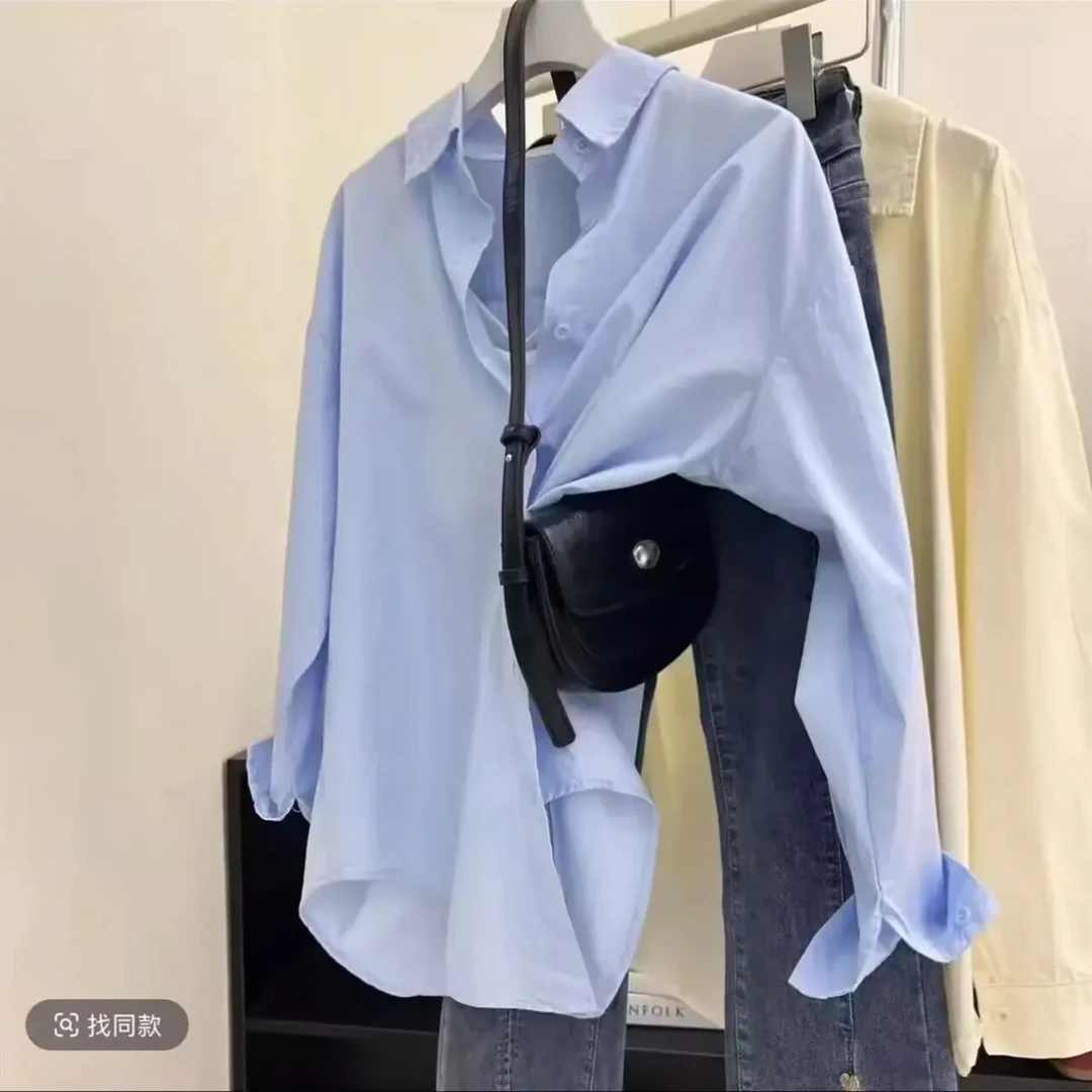 2025春季新款棉衬衫韩版宽松休闲外搭纯色女装长袖衬衣