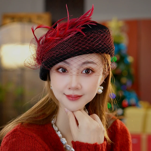 CHIHIRO BY S.K./新帽馆新款秋冬优雅红色火凤凰网纱贝雷帽帽子