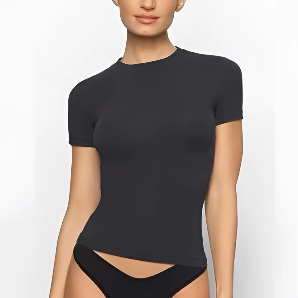 sk·莫代尔紧身修身短袖时尚圆领纯色短袖修身打底衫