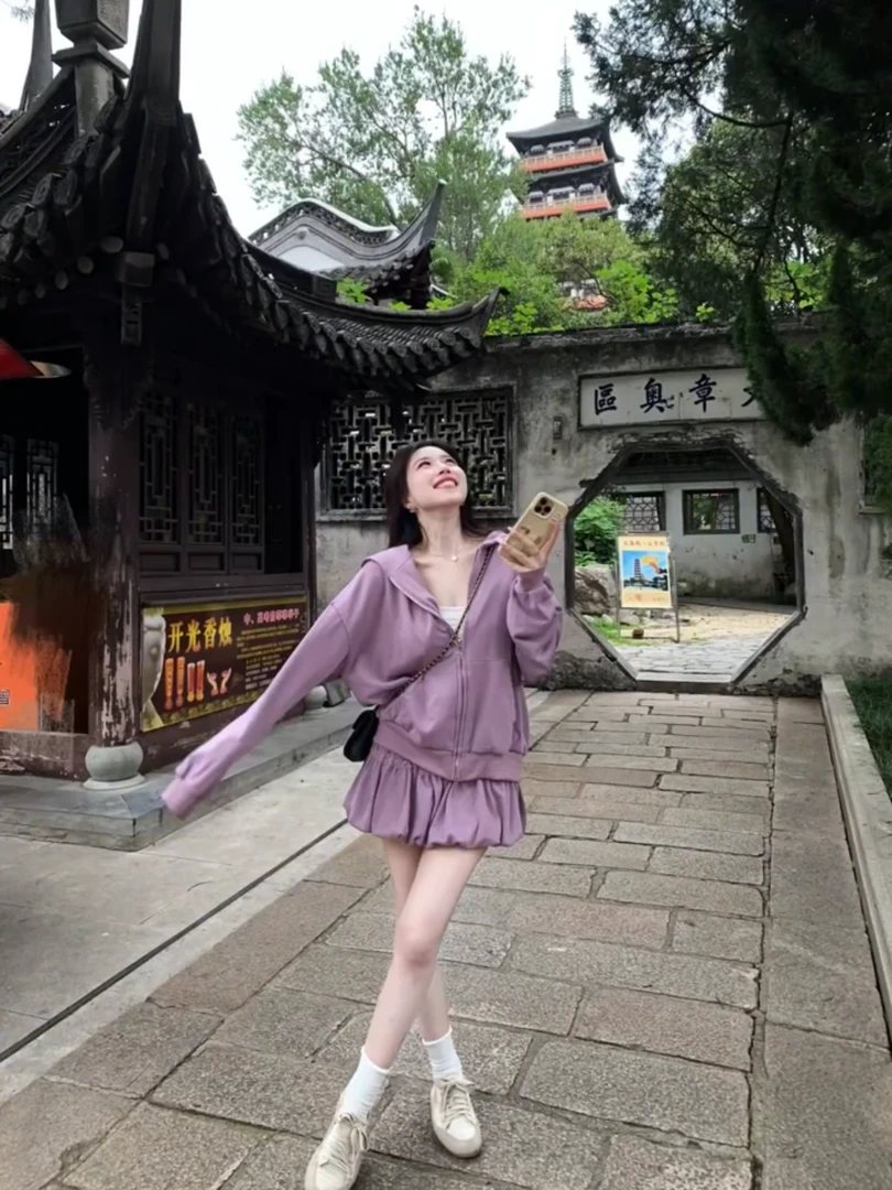 韩系chic套装长袖连帽拉链卫衣外套女装秋季花苞半身裙短裙两件套