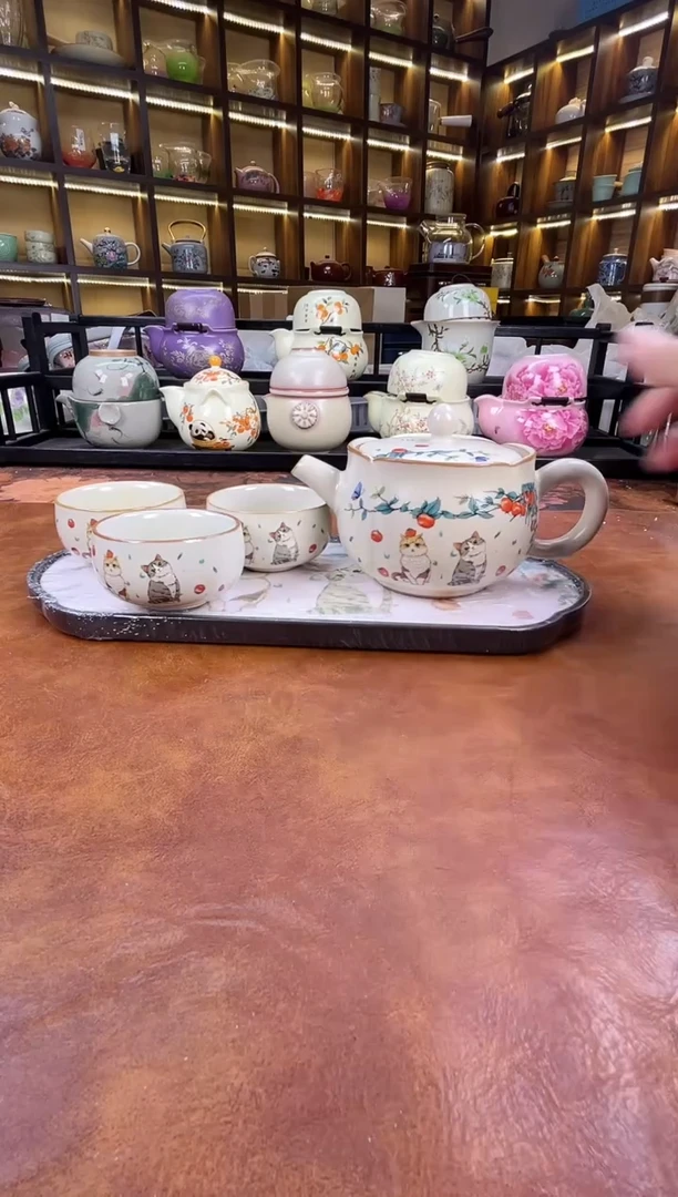 .猫咪花口壶1壶3杯+猫咪盘