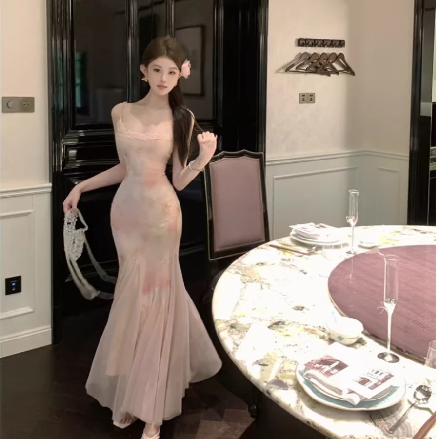 美式小众别致绝美假日碎花修身吊带连衣裙气质显瘦网纱长裙女夏季