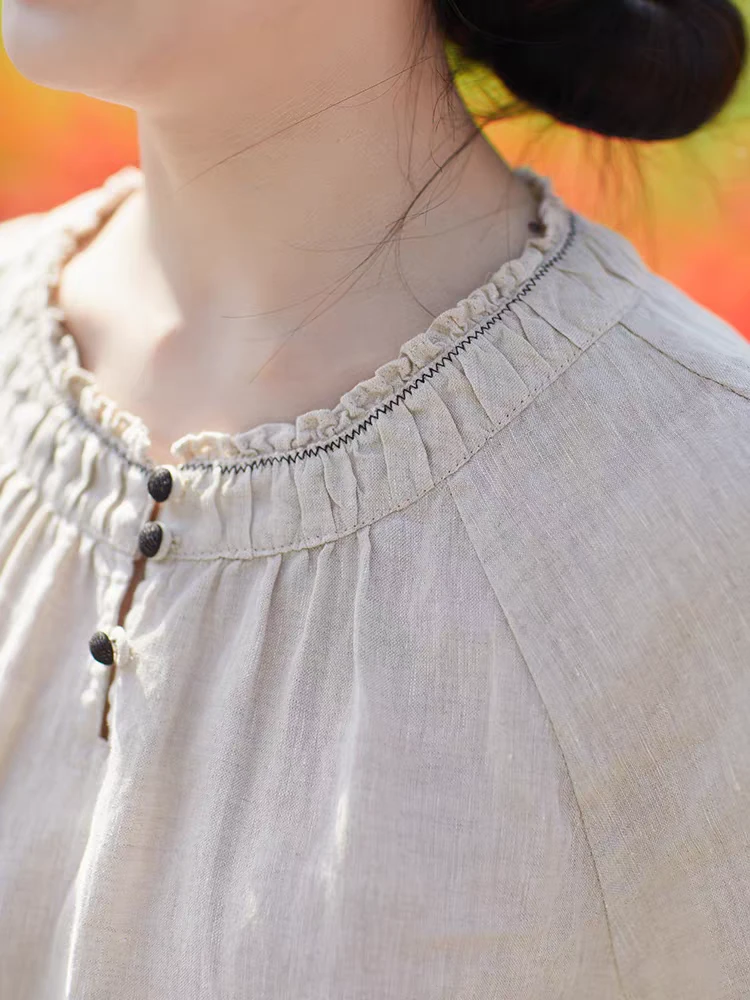 拼接花边褶皱圆领百搭衬衣女2025秋季宽松时尚休闲纯色九分袖衬衫