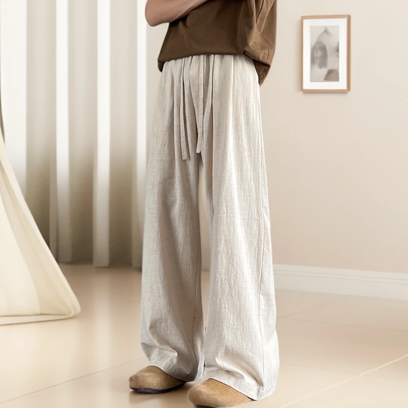 亚麻薄款阔腿裤子男士夏季宽松直筒运动男裤百美式直筒垂感阔腿裤