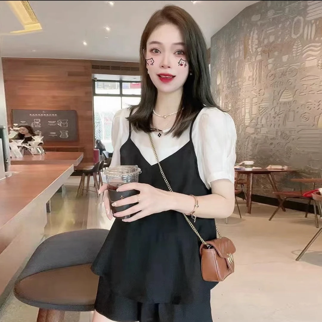 假两件大码女装胖MM巨显瘦黑色上衣短裤2025夏季爆款休闲显瘦套装