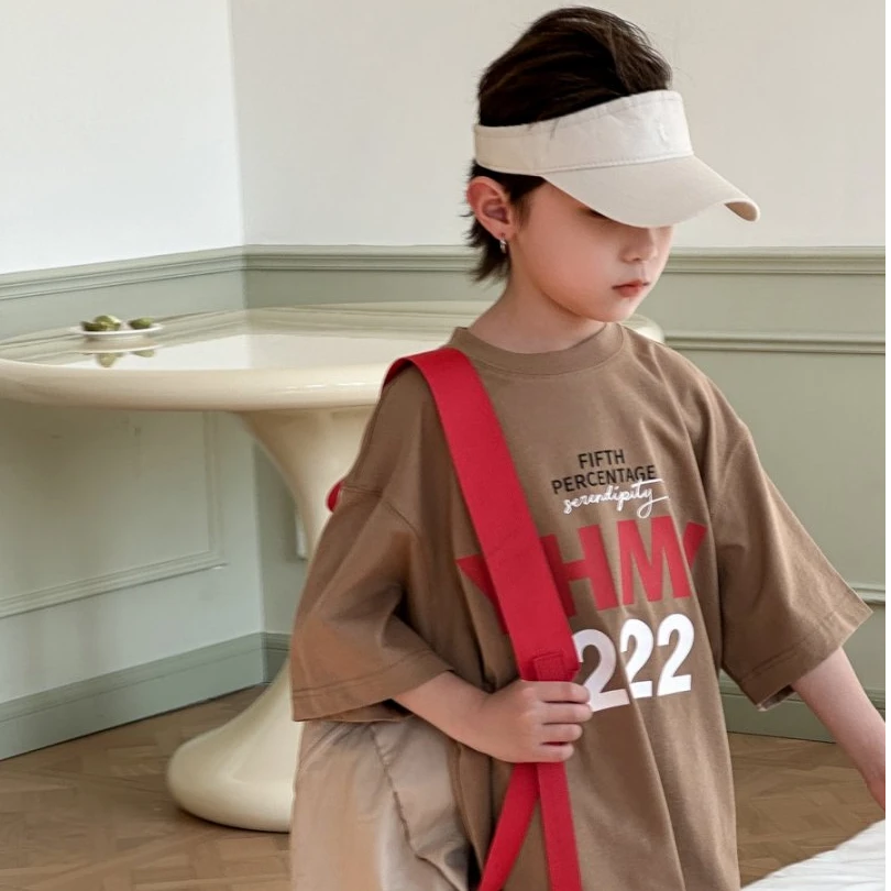 韩版吸汗男夏季休闲时尚宽松短袖数字T恤童装男童刺绣KL4S1114