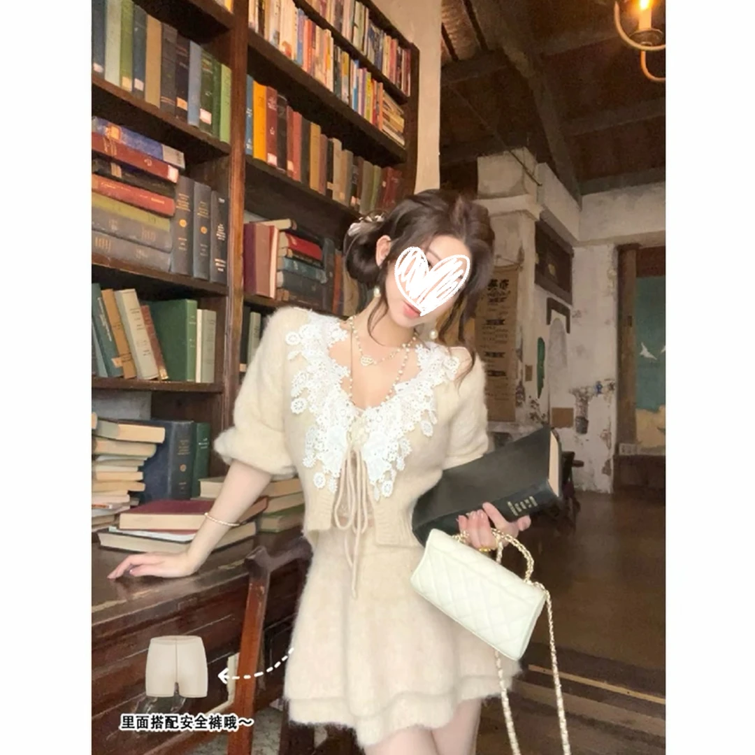 【朵蒂套装】时尚温柔V领花边系绳上衣+短裙套装（无安全裤）#9220