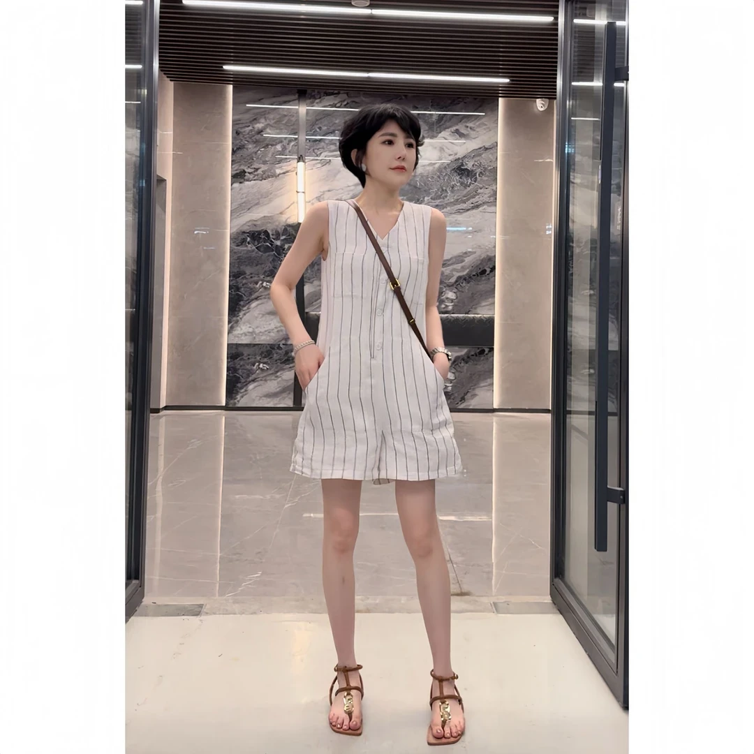 2024新款休闲时尚亚麻工装欧货连体短裤女0713