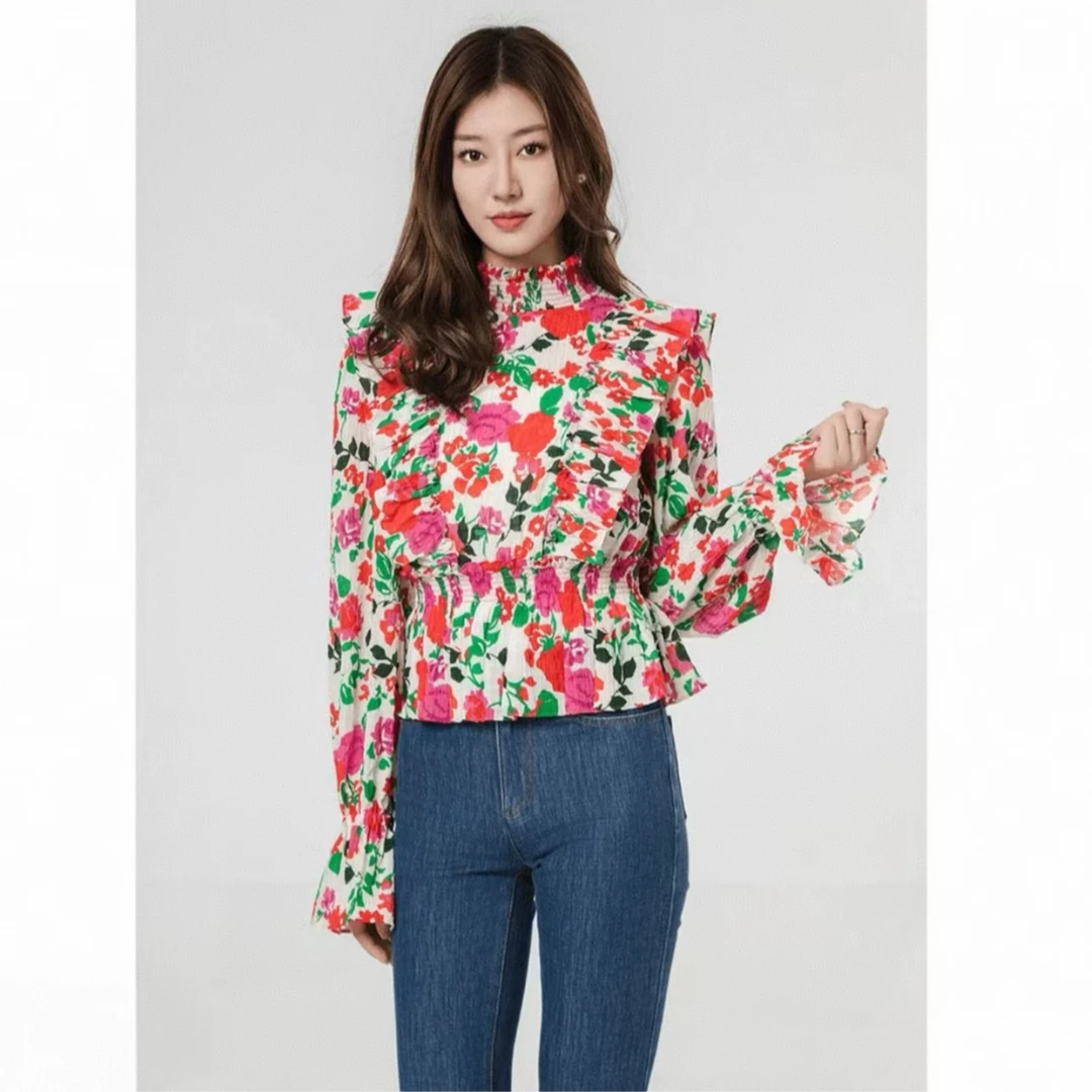 AMASS/阿玛施秋季浪漫复古立领荷叶边长袖收腰印花衬衫女 5300885